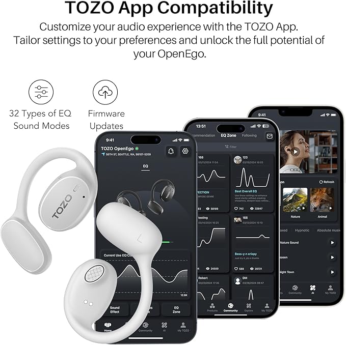 TOZO OpenEgo Open Ear Earbuds Bluetooth Headphones, AI Translation Wireless Earbuds with Real-Time 100+ LanguagesTranslation, 80Hrs Playtime, Digital Display, AI Clear Calls, Snow White