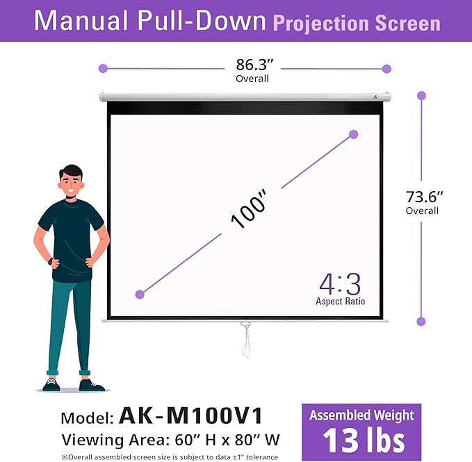 Akia Screens 100 inch Projector Screen Pull Down Manual B 4:3 or 92" 16:9, 95" 16:10 8K 4K HD 3D Ceiling Wall Mount White Portable Projection Screen for Indoor Movie Home Theater Office AK-M100V1