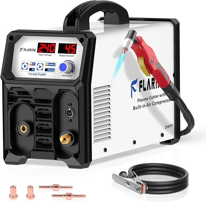 FLARING 240V Plasma Cutter With Built In Air Compressor 45A IGBT Inverter Digital Plasma Cutting Machine, 3/8 Inch Clean Cut And 5/8 Inch Max Cut High Frequency (No External Compressor Needed)