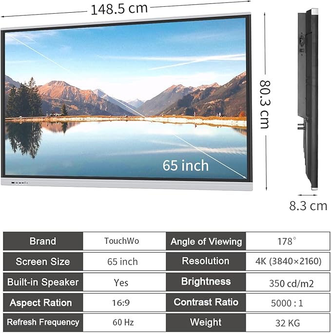 65" Touchscreen Monitor Smart Board, 4K Interactive Presentation Electronic Whiteboard with Android 11, Digital Signage Display for Office, Classroom,RAM 4GB+ ROM 32GB