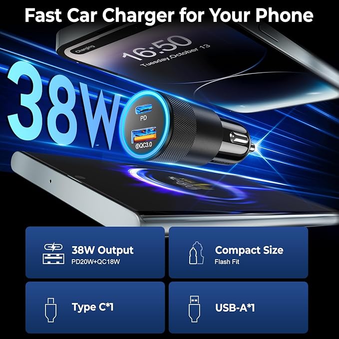 6 Pack USB C Car Charger, Ancekoy 38W Dual USB-C + USB-A Car Charger Adapter Fast Charge PD/QC 3.0 Cigarette Lighter Adapter USB Charger Plug for iPhone 17/16/15/14/13/12/11/Pro Max, iPad, Samsung