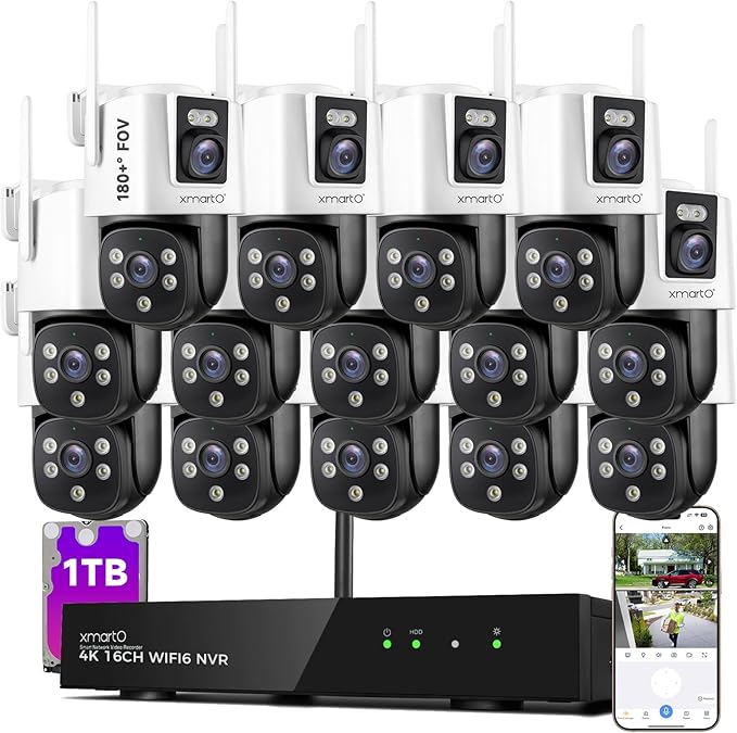 [2-in-1 CAM*14] XMARTO 28-View WiFi 6 Mesh Security Camera System Outdoor Wireless, 14x Dual-Lens CAM, 16CH 4K Long Range WiFi6 Surveillance NVR Kit, 4MP PTZ Home CCTV Set w. 1TB HDD, No Monthly Fee