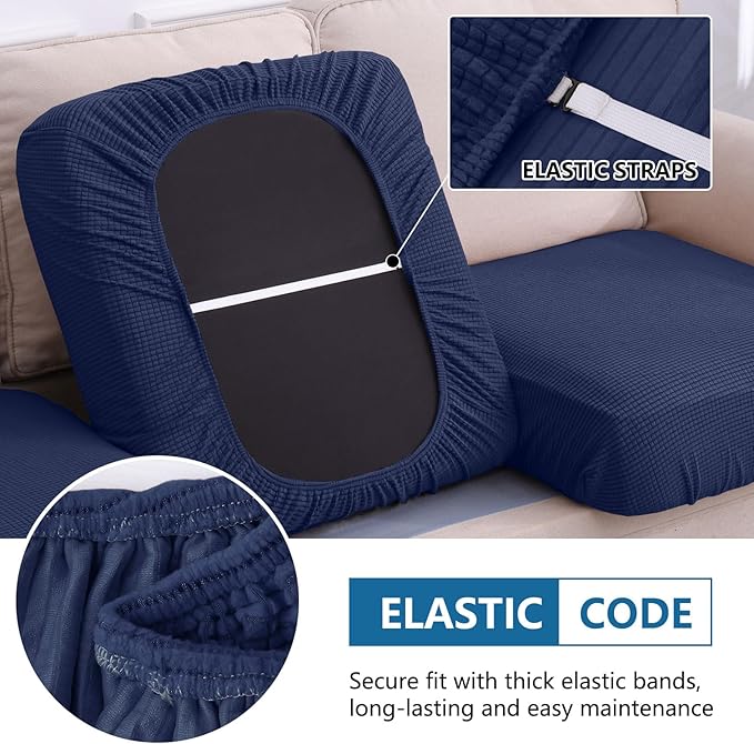 hyha Waterproof Couch Cushion Covers for Pets, Non Slip Sofa Seat Cover for Dogs Washable, Soft Thick Stretch Jacquard Fabric, Sofa Slipcovers with Elastic Bottom (3 Pieces, Navy)