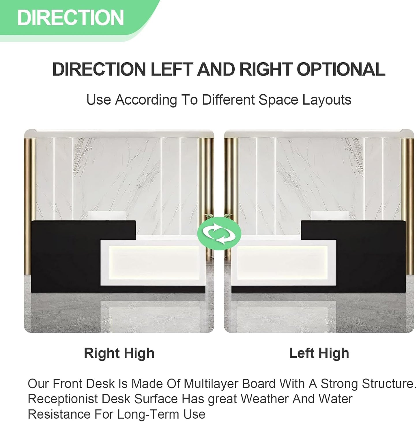 Modern Reception Desk with Counter and Drawer Office Front Desk with Cabinet Wooden Commercial Reception Table Checkout Counter for Retail Salon Lobby Black and White Right 79inch/200cm