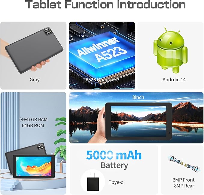 8 inch Tablet Android 14 Tablets,Quad-Core Tablet PC,8GB RAM+64GB ROM 512GB Expand,5000mAh Battery, 2+8MP Dual Cameras, Bluetooth, 2.4G/5G WiFi Tablets(Gray)