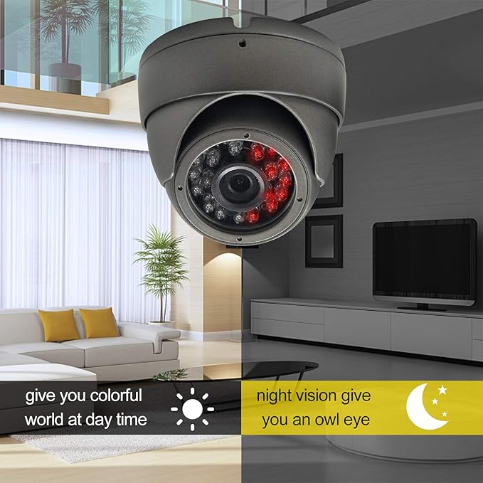 Analog CCTV Camera HD 1080P 4-in-1 (TVI/AHD/CVI/960H Analog) Security Dome Camera Outdoor Metal Housing, 24 IR-LEDs True Day & Night Monitoring 3.6mm Lens (Grey)