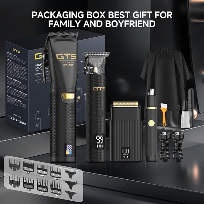 GTS Hair Clippers for Men Professional, Beard Trimmer Kits & Sets, Cordless Mens Hair Trimmer, Electric Shavers, Haircutting Machine with LED Display, for Barber 4 in 1