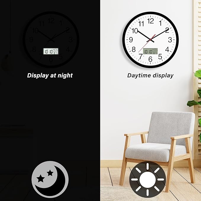 12" Digital Wall Clock with Temp Week Switchable Time and Perprtual Calendar on LCD Display, Silent Battery Operated Analog Clock for Bedroom Classroom Office Garage (Black)