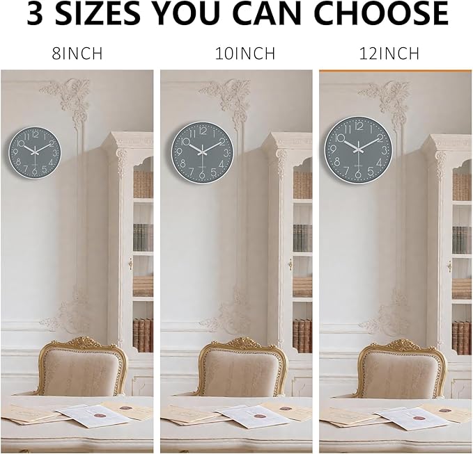 Wall Clock, Silent Wall Clocks Battery Operated 10 Inch Modern Non Ticking Analog Clock with Large Numerals Tempered Glass Clocks for Bedroom, Living Room, Kitchen, Office Decor, Grey