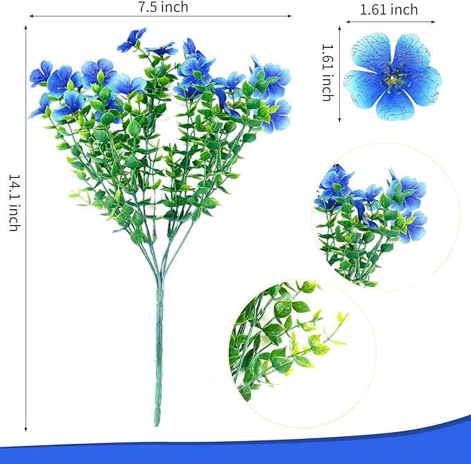 ‌20 Bundles Artificial Flowers for Outdoors‌ with 6 Faux Butterflies, UV Resistant ‌Fake Flowers‌ with Eucalyptus Leaves, ‌Artificial Plants Outdoor‌ for Patio Garden Porch Home Decor (Blue)