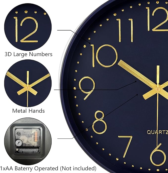 Silent Wall Clocks Battery Operated 8 Inch, Analog Wall Clock with Large Number Tempered Glass Clock Face, Navy Blue Quartz Non Ticking Wall Clocks for Living Room Bedroom Kitchen Office