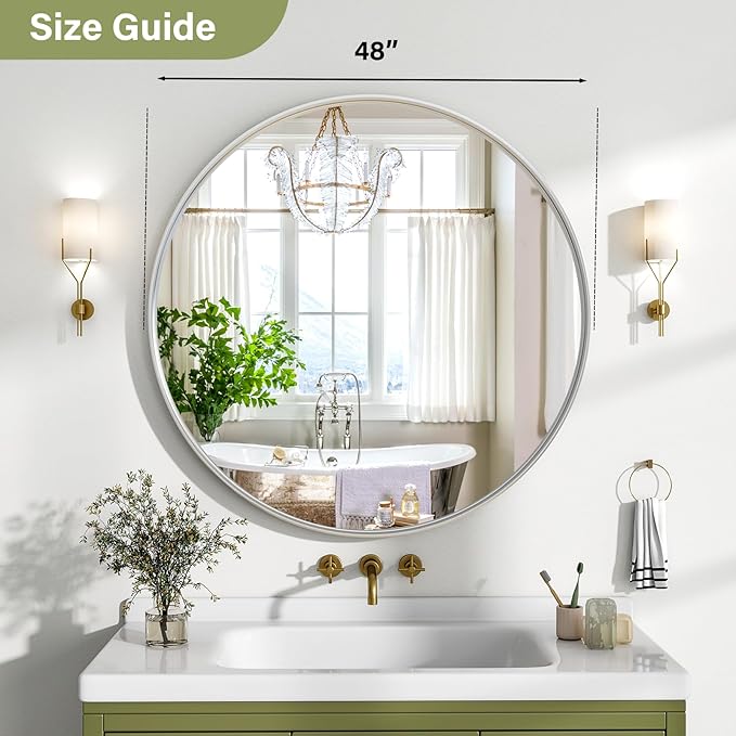 48 Inch Round Bathroom Mirror - Wall Mounted Circle Mirror with Metal Frame, Modern Mirror Suitable for Bathroom, Vanity, Entryway, Living Room, Wall Decor,Silver