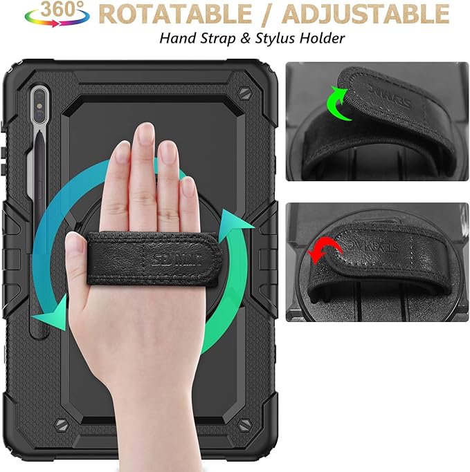 SEYMAC stock Case for Samsung Galaxy Tab S7 FE / S8 Plus 5G Case 12.4'' with Screen Protector Pencil Holder [360 Rotating Hand Strap] &Stand, Drop-Proof, Black