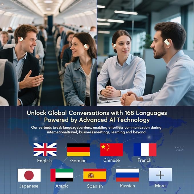 AI Translation Earbuds Real-Time 168 Languages Translator Earbuds, 3-in-1 Translation Device, Audifonos Traductores Inglés Español, Bluetooth 5.4 Translate Headphones for Travel, Business, Learning