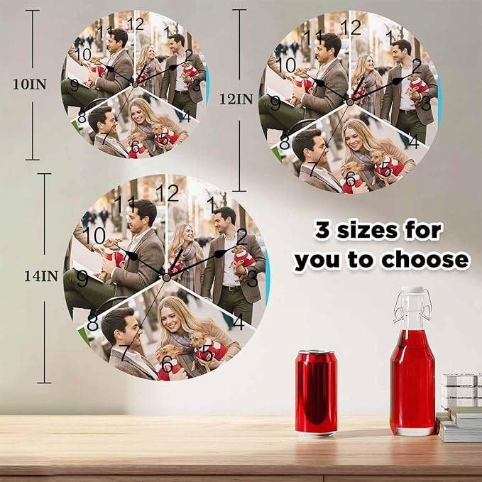 Custom 3 Photo Wall Clock, Personalized Picture Silent Wall Clock Non Ticking for Bedroom, Living Room, Kitchen, Office, Idea Gifts for Couples, Boyfriend, Girlfriend, Family (10", 12", 14")