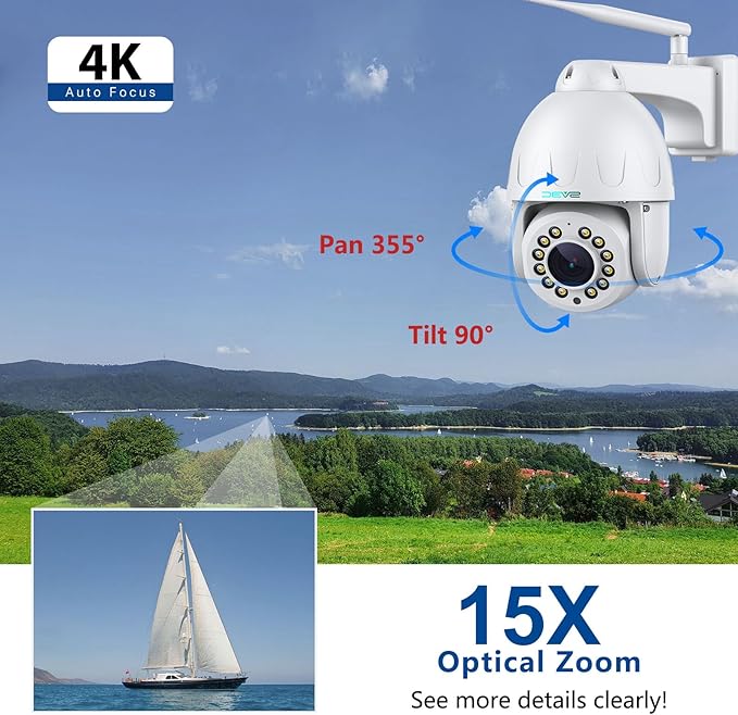 SV3C 4K PTZ WiFi Camera Outdoor 15X Optical Zoom, Wireless IP Security Camera 8MP, Auto Tracking, Floodlight Color Night Vision, 2-Way Audio, Metal Shell, RTSP, FTP, SD Card Record, Onvif Conformant