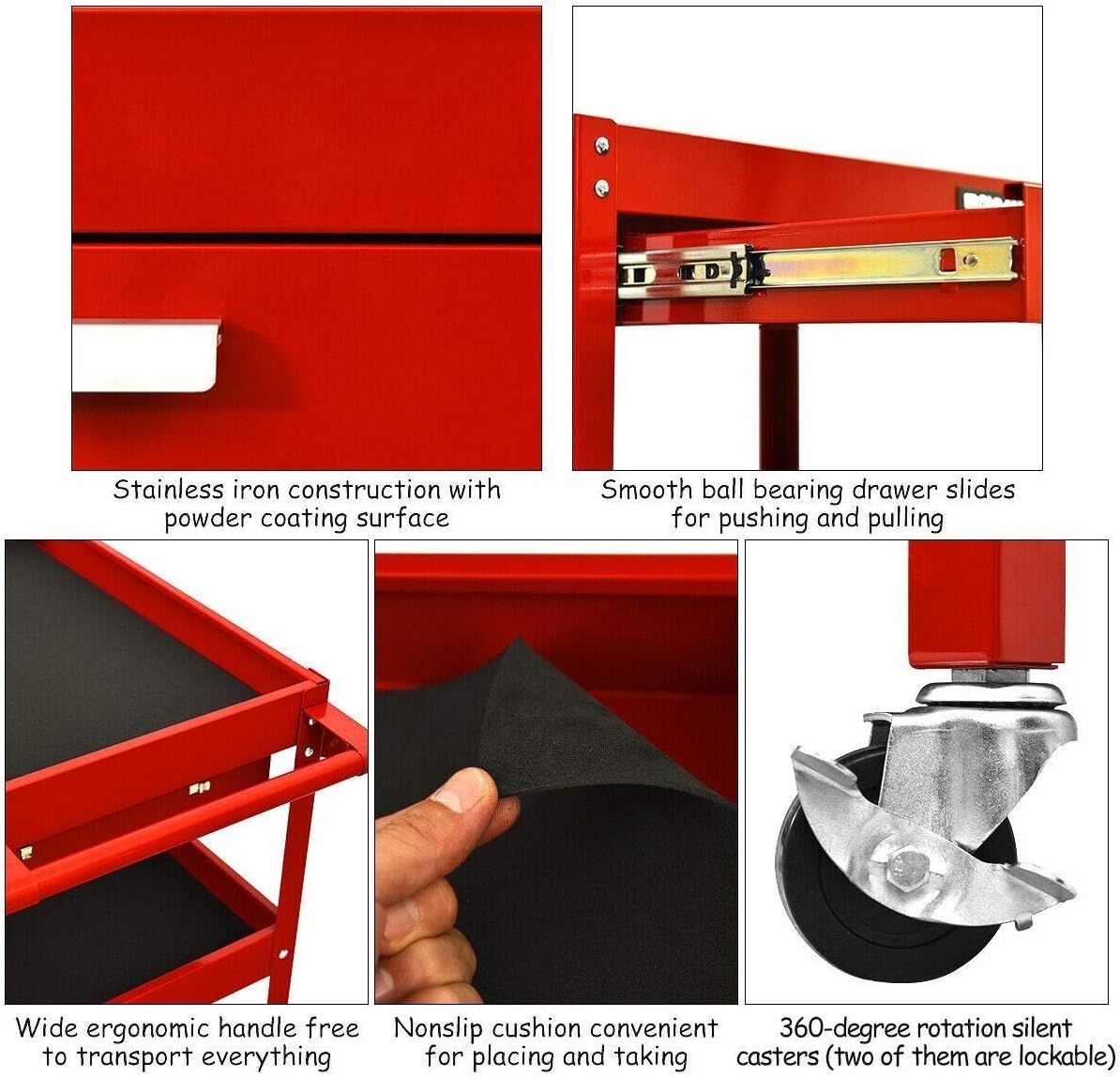 ERGOMASTER Metal Service Utility Cart with Wheels - 500LBS Tool Cart Heavy Duty Rolling 3-Tier Storage Organizer, for Garage Industrial Cart (Red)