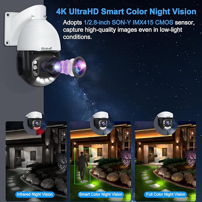 JideTech 4K 8MP Outdoor PTZ IP PoE Camera with 200x Hybird Zoom Pan Tilt Auto Tracking Security Dome Cameras, Human/Vehicle Detection, 492ft IR, Color Night Vision, 2-Way Talk,BlueIris, for ONVIF NVR