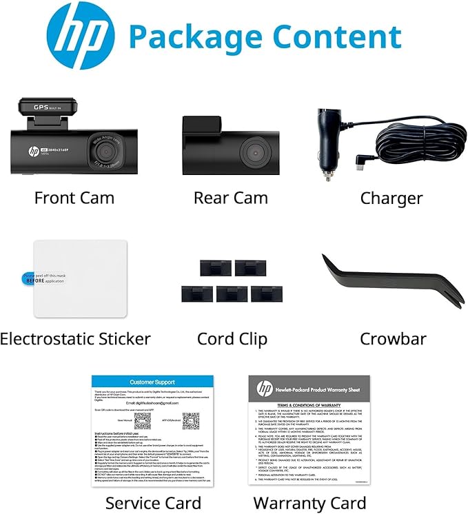 HP Dash Cam Front and Rear, 4K + 1080P Dual Camera for Car, Built-in 64GB Card, Night Vision, APP Control, Emergency Recording, G-Sensor, WDR Technology, Support Parking Mode (Hardwire Kit Required)