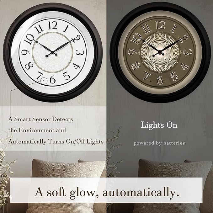 18 Inch Galaxy Luminous Atomic Wall Clock with Night Light, Illuminated Wall Clock with Smart Sensor to Turn on/Off LED Light, Oil Rubbed Bronze Finish, Unique