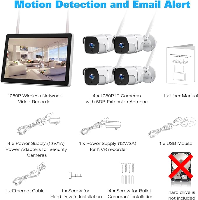 Wireless Security Camera System with 12" Monitor &500GB HDD, 8CH NVR Security Camera System Wireless Outdoor with 4pcs WiFi Cameras, Night Vision 24/7 Recording (500GB HDD+4cam+12" Monitor)