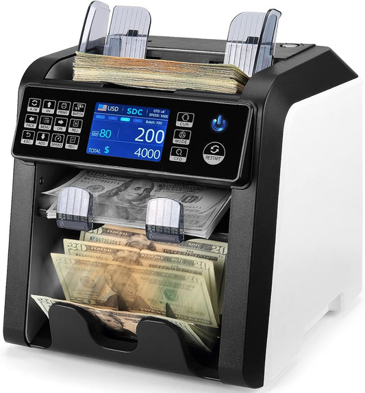 MUNBYN IMC08 Dual Money Counter Machine Mixed Denomination with Reject Pocket, Value Counting, Counterfeit Detection 2 CIS/UV/MG/IR, Sort&Print Enabled Cash Counter, Mixed Bill Counter (White)