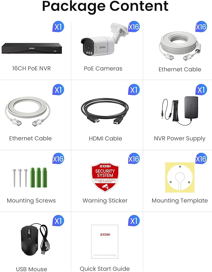 ZOSI 4K 8MP 16CH PoE Security Camera System, 16 x 3K 5MP C186 Aurora Lux True Full Color Night Vision Outdoor Indoor PoE Wired Camera, Person/Vehicle Alerts, Light & Siren, Two-Way Talk, with 4TB HDD
