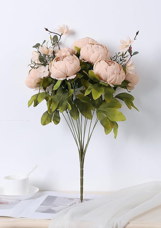 Duovlo Artificial Peony Silk Flowers Fake Flowers Vintage Wedding Home Decoration,Pack of 1 (Light Champagne)