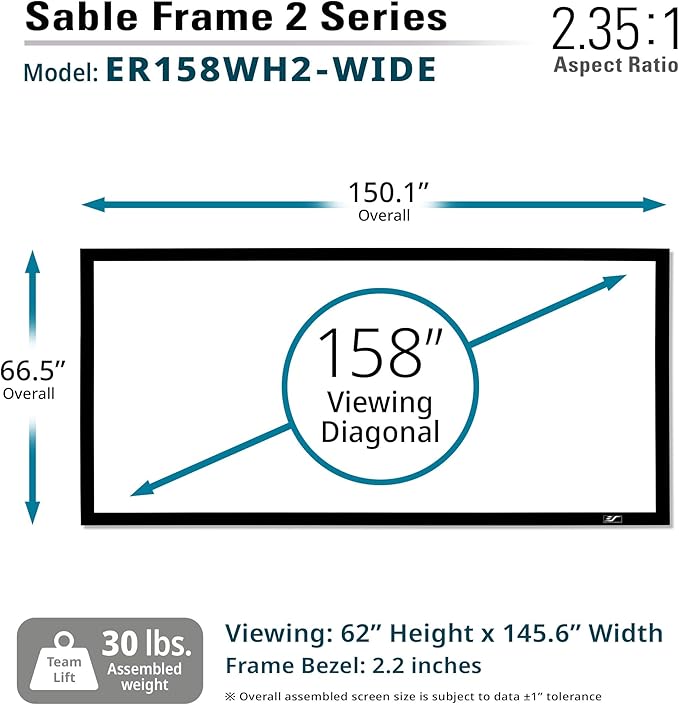 Elite Screens Sable Frame 2, 158-inch Diagonal 2.35:1, Active 3D 4K Ultra HD Ready Fixed Frame Home Theater Movie Office Presentations Indoor Front Projection Projector Screen, ER158WH2-WIDE, Black