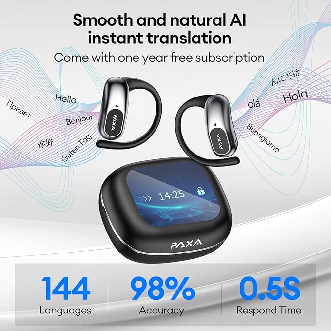 PAXA Ai Translation Earbuds Real Time 3in1 Language Translator Earbuds HD Sound Audifonos Traductores Bluetooth 5.4 Headphones Touch Screen Housing with App for Travel Business Meetings,Black