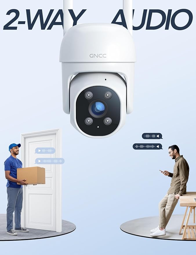 GNCC GK2 Outdoor Security Camera, 355° PTZ Camera, 1080P Color Night Vision, AI Motion, 2-Way Audio, IP65 Waterproof, 24/7 Wired Power, Works Alexa, Cloud Subscription/SD Card Storage, 2.4Ghz WiFi