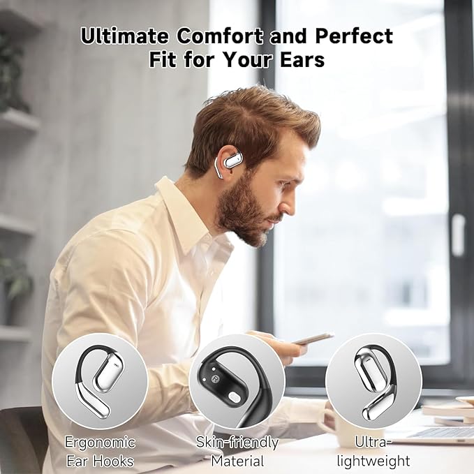 Open Ear Clip Wireless Earbuds Bone Conduction Headphones, Bluetooth 5.4, Open Ear Design for Running Fitness,office，Built-in Mic, IPX7 Waterproof, LED Display Charging Case,Ear Hooks Ear Buds