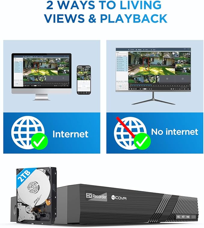 4COVR PoE Security Camera System, Person Vehicle Detection & Night Vision, 8CH 8MP H.265 NVR with 2TB HDD, 4Pcs 8MP Wired Dome PoE IP Camera with Audio, IP67 Weatherproof Outdoor, LY97AX8M0804-1
