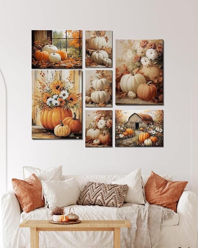 Autumn Pumpkin and Watering Can Canvas Wall Art, Rustic Fall Leaves Print Farmhouse Picture for Thanksgiving Decorations, Fall Wall Art Decor Ready to Hang