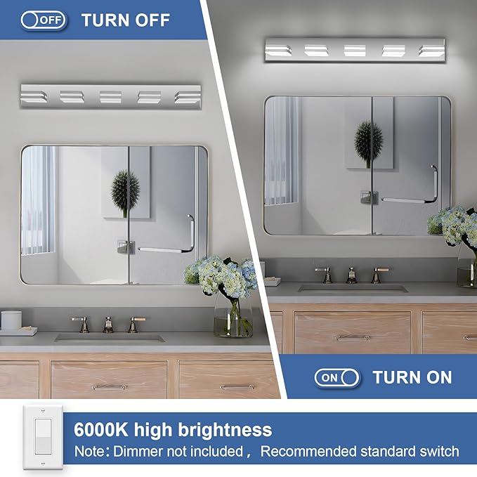 Modern LED Bathroom Lights Fixtures(5-Light),Stainless Steel Chrome Acrylic Wall Lighting,Vanity Lights for Bathroom Over Mirror(6000k 34in)