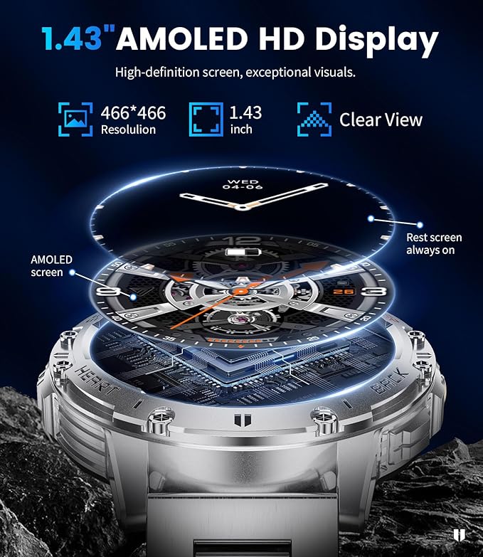 LIGE Military Smart Watches for Men(Answer/Make Calls) with LED Flashlight,530mAh Large Battery,1.43" AMOLED Outdoor Sports Smartwatch with 170+ Sport Modes,Fitness Tracker for iOS Android,Sliver