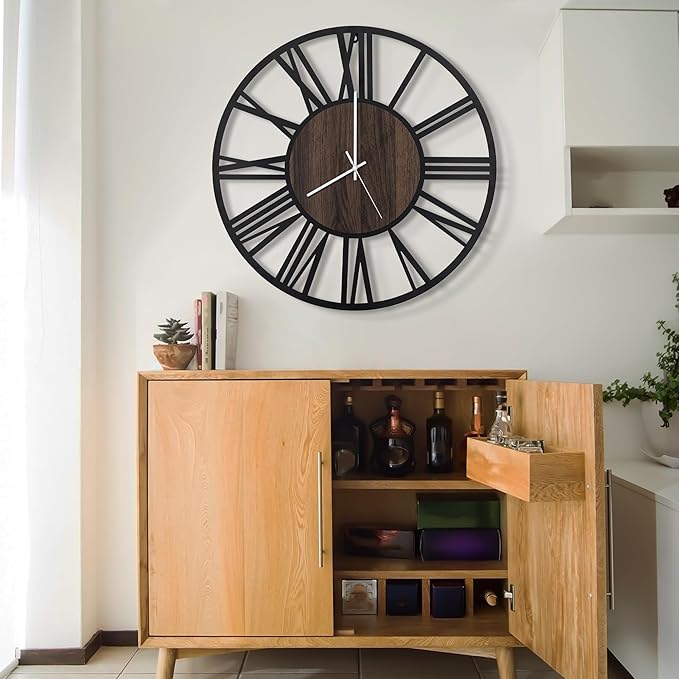 LEIKE Large LED Wall Clocks,Silent,Non Ticking,Battery Operated Rustic Round Modern Big Wood Wall Clock for Living Room, Bedroom,Kitchen,Farmhouse,Office,Home Decor -24" Black,LED,Roman Number