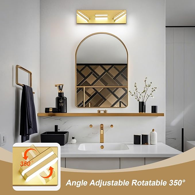 Modern LED Small Bathroom Lights Fixtures(3-Light),Metal Gold Acrylic Wall Lighting,Vanity Lights for Bathroom Over Mirror(6000k 16in)