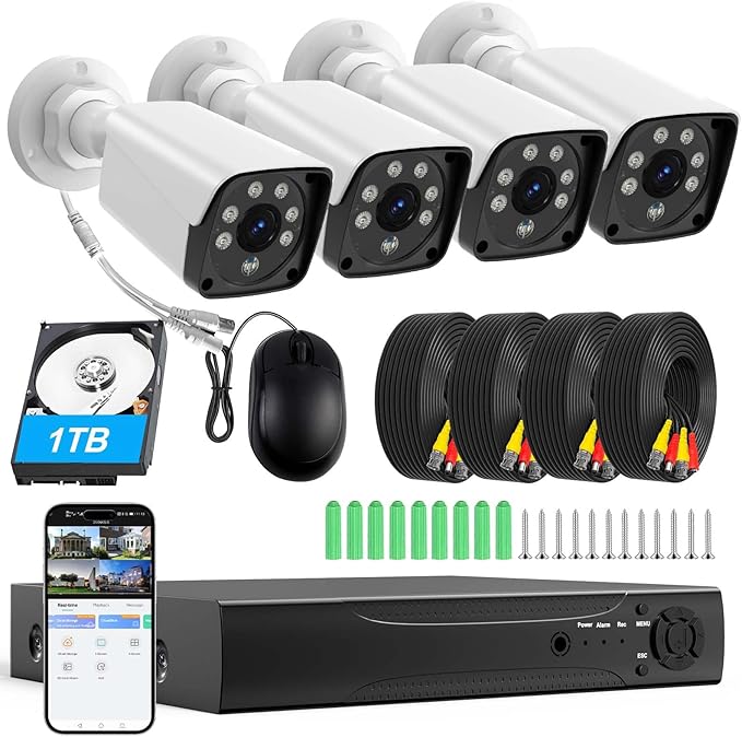 H.265+ Wired Security Camera DVR Kit System with AI Human Vehicle Detection, 4x 1920P 5MP IP67 Metallic Indoor/Outdoor Cameras IR Night Vision Remote Access, 4K NVR 1TB HDD Included for 24/7 Recording