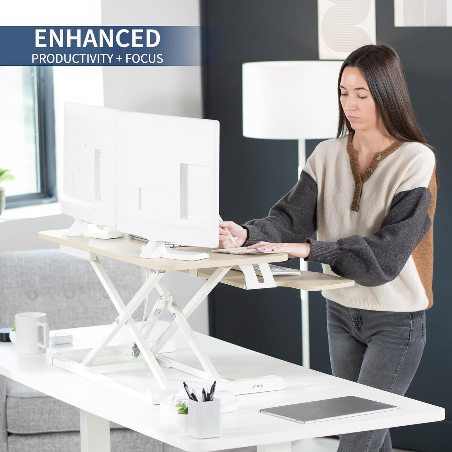 VIVO 36 inch Desk Converter, K Series, Height Adjustable Sit to Stand Riser, Dual Monitor and Laptop Workstation with Wide Keyboard Tray, Light Wood Top, White Frame, DESK-V036KF