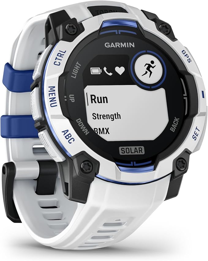 Garmin Instinct® 3 – 45 mm, Solar, Rugged Outdoor GPS Smartwatch, Built-in Flashlight, Supernova Collection Limited Edition Color, Whitestone with Whitestone/Bolt Blue Silicone Band