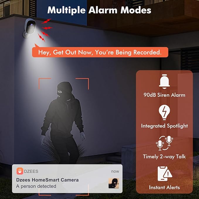 Dzees Security Cameras Wireless Outdoor - Spotlight & Siren, 2K 3MP Upgrade WiFi Cameras for Home Security, AI Motion Detection, Color Night Vision, 2-Way Talk, Waterproof