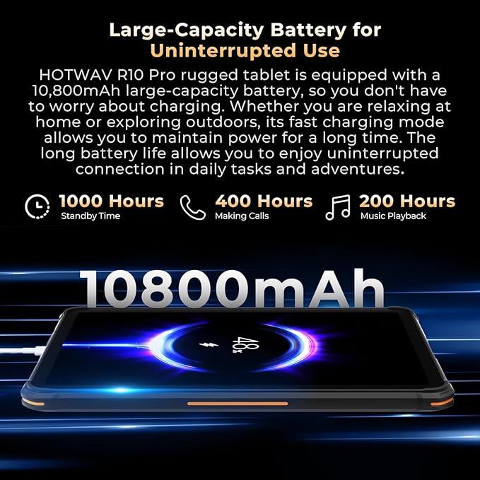 HOTWAV R10 Pro 2025 Rugged Tablet Android 14-10.1 Inch HD+ 10800mAh Waterproof Tablet, 20GB RAM+256GB ROM/1TB TF Outdoor Tablets, 13MP+5MP Camera Octa-Core IP68&IP69K/4G-LTE/5G WiFi/Face ID/GPS/OTG