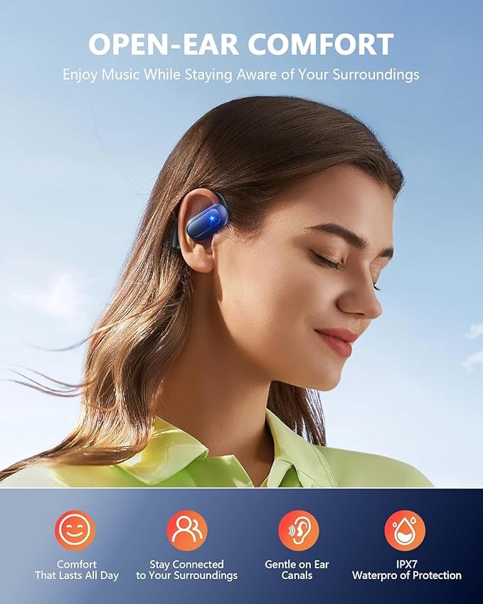 Open Ear Bone Conduction Headphones,Bluetooth Headphones 5.4 with Smart Digital Display,60H Playtime,IPX7 Waterproof,Touch Control Operate Fit Cycling Running