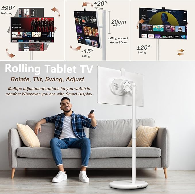 OFD 27 In Portable TV on Wheels 2nd Gen 1080P,Android 15 OS,6GB RAM+128GB ROM,100%sRG Swivel Rotation Smart Touchscreen,Rolling TV with 4K Webcam,USB-A-Remote,9000mAh Battery,EDLA-Certified,Off White