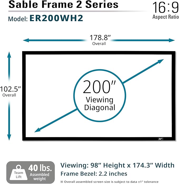 Elite Screens 200 inch Projector Screen 16:9, Wall Mounted Fixed Frame , 8K/4K UHD & Active 3D Ready, ISF-Certified Material for Home Theater, Office & Indoor Presentations, Sable Frame 2, ER200WH2