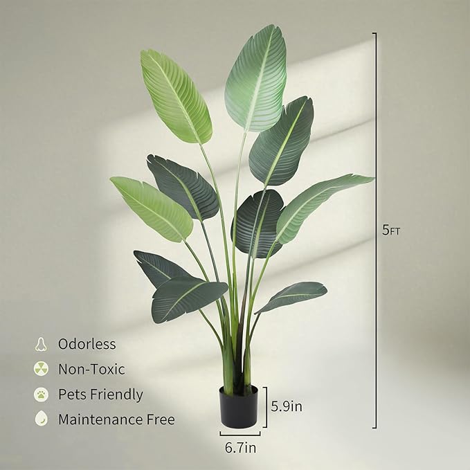 Worth Garden 59in Artificial Bird of Paradise Plant 4.9ft, Set of 2 Faux Tropical Trees for Living Room and Office Décor, Perfect for Indoor and Outdoor Greenery