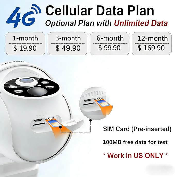 4G LTE Cellular Security Camera Includes 64GB Memory Card & SIM Card(Support Verizon/AT&T/T-Mobile), No WiFi Security Camera Solar Powered with 360° Live View, 2K Color Night Vision