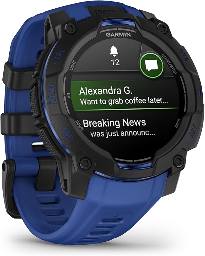 Garmin Instinct® 3 – 45 mm, AMOLED Display, Rugged Outdoor GPS Smartwatch, Built-in Flashlight, Supernova Collection Limited Edition Color, Black with Bolt Blue/Black Silicone Band