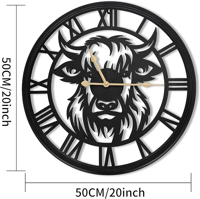 20inch Large Wall Clocks for Living Room Decor,Farmhouse Black Metal Decorative Wall Clock,Wall Clocks Battery Operated for Bedroom,Kitchen(Highland Bull Wall Clock, 20 Inch)